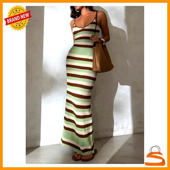 Striped Crochet Sweater Dress Tie Backless Bodycon Maxi Summer Beach - Picture 5 of 5